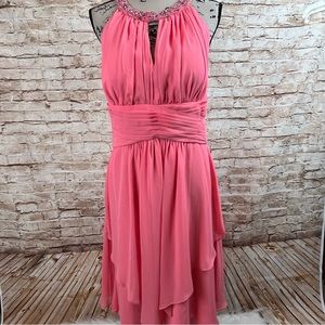 Eliza J Pink Beaded Halter Layered Chiffon Prom Dress
